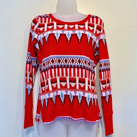 VS | NWT Fair Isle Waffle Knit Tribal Aztec Long Sleeve Holiday Thermal Shirt - Picture 2 of 7